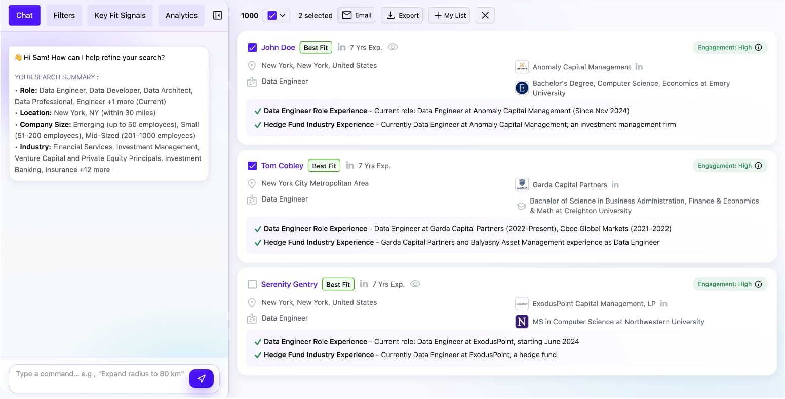 Search Results Page showing candidate matches with Key Fit Signals