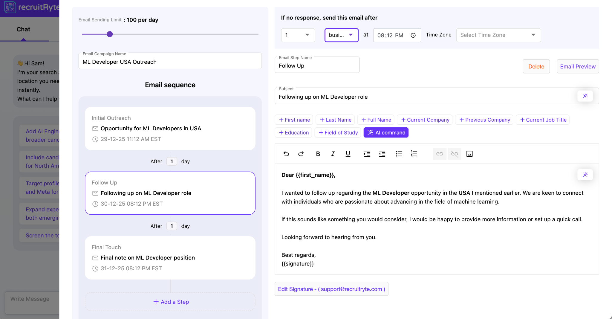 recruitRyte Campaign Analytics showing replies and positive responses